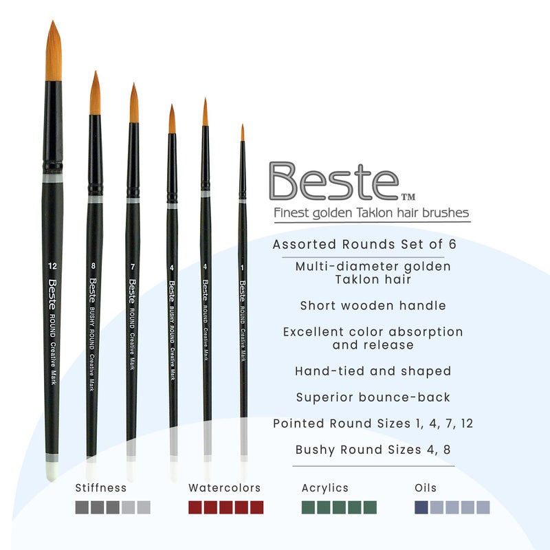 Creative Mark Beste Golden Taklon Assorted Round Set of 6 Artist Brush, Professional Watercolor Brushes, for Acrylic Painting, Short Handle, Sharp Edges, Hand-Tied & Shaped - Image 2
